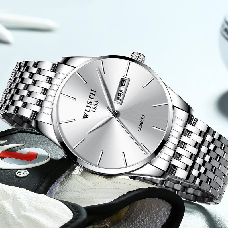 Top Brand Waterproof Quartz Double Calendar Fashion Steel Band Business Men's Wristwatch