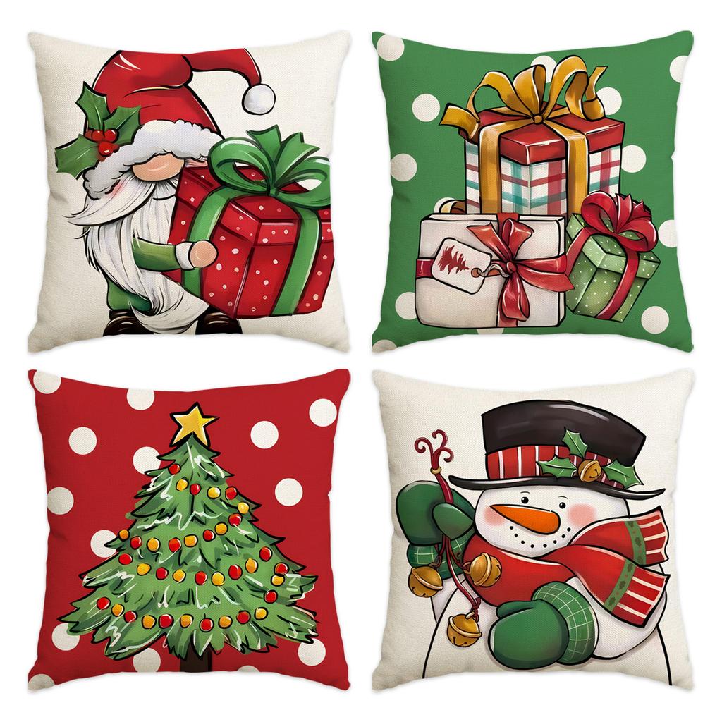 1 \ 4pcs Christmas Pillow Cover Snowman, Elderly, Printed Pattern Cushion Cover, Suitable for Room Living Room, (No Pillow Core)