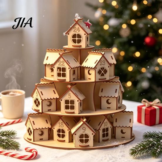 Weihnachtsparty Dekoration Holz Adventskalender, 24 Haus Countdown Display Ständer mit Baum Kalender Form, Festlicher Feiertag Tischplatte Regal