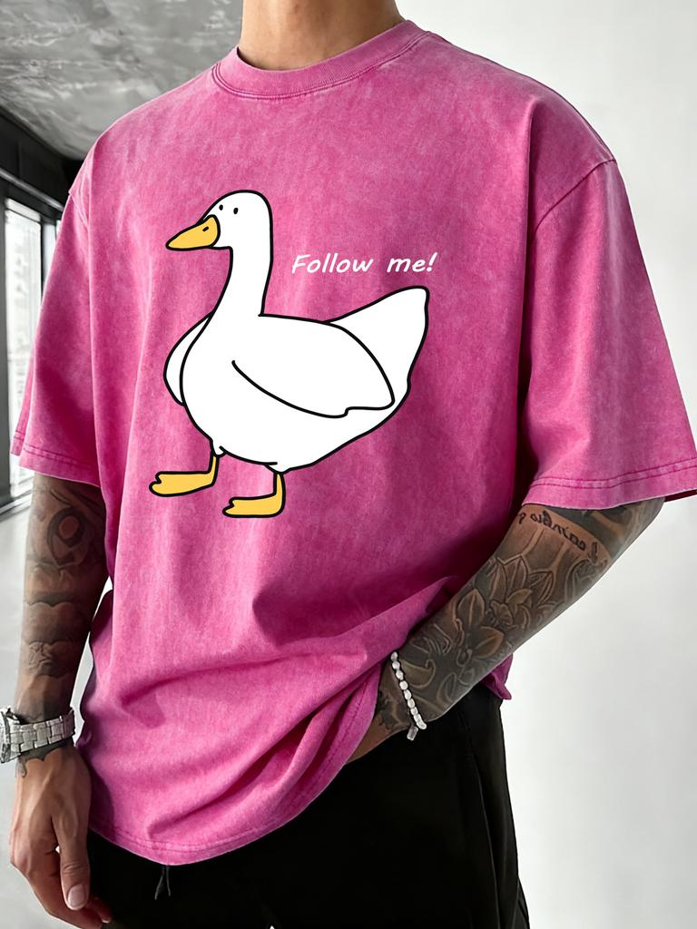 Follow The Goose Design Men Washed T Shirt Summer Hip Hop TShirt Crewneck Cotton Sportswear Casual Oversized Short Sleeves
