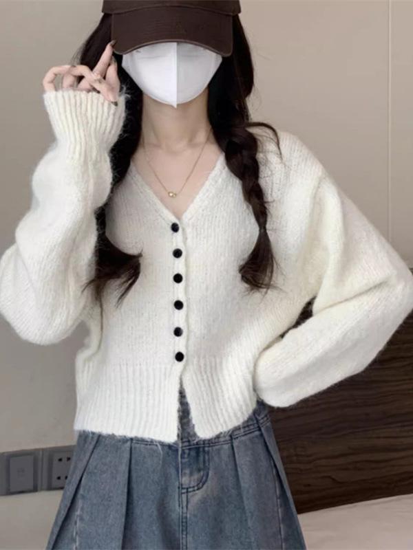 Korean Style V-Neck Knit Cardigan - Autumn/Winter 2025 Women's Casual Long Sleeve Sweater