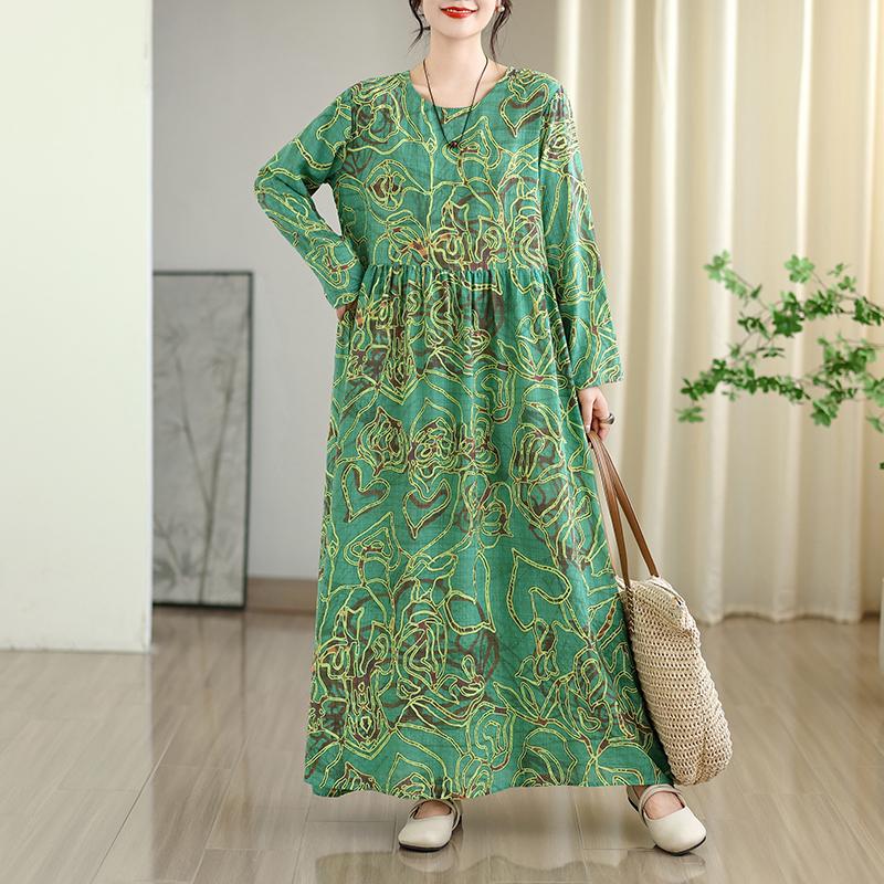 DIMANAF Neu 2025 Damen Übergröße Frühling Langes Kleid Locker Basic Vintage Oversize Langarm Maxi Floral