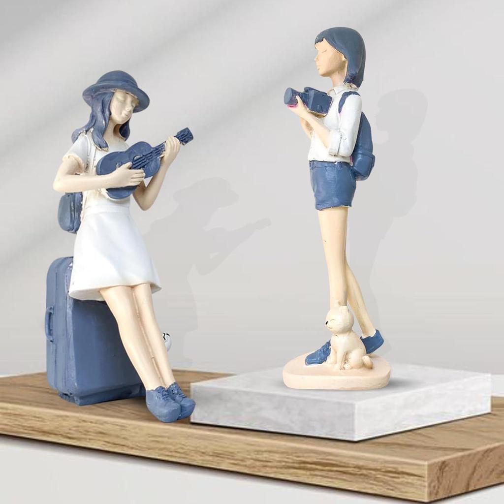 Cute and Elegant Girls Statue for Home Decor | Table Decor (Pack of 2, White & Blue)
