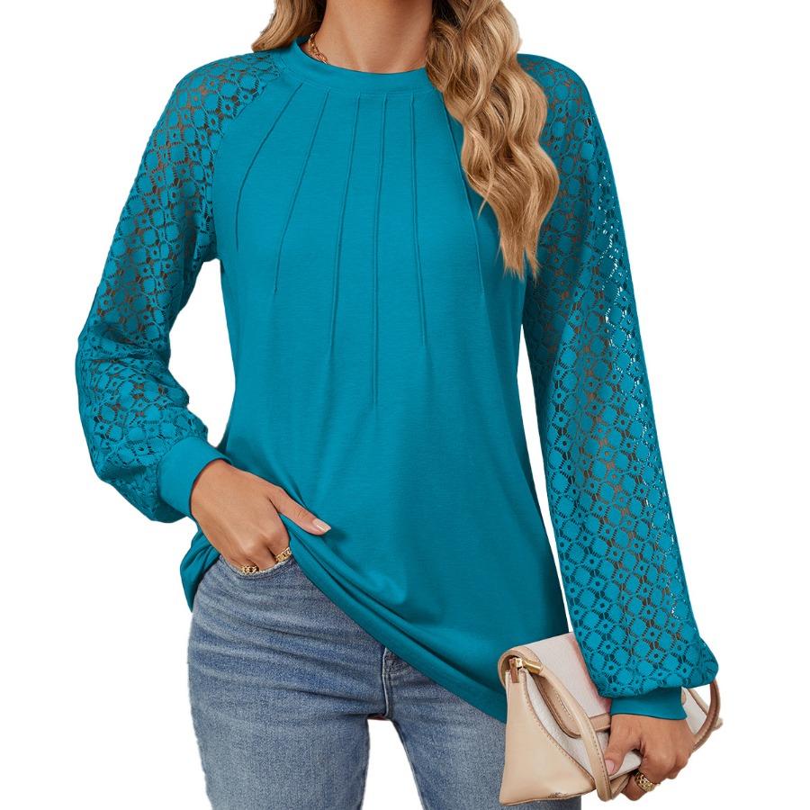 Autumn Winter Lace Patchwork Sleeves T Shirts Fashion Elegant Long Sleeves Top Women’s Round Neck Plus Size Loose T-shirt