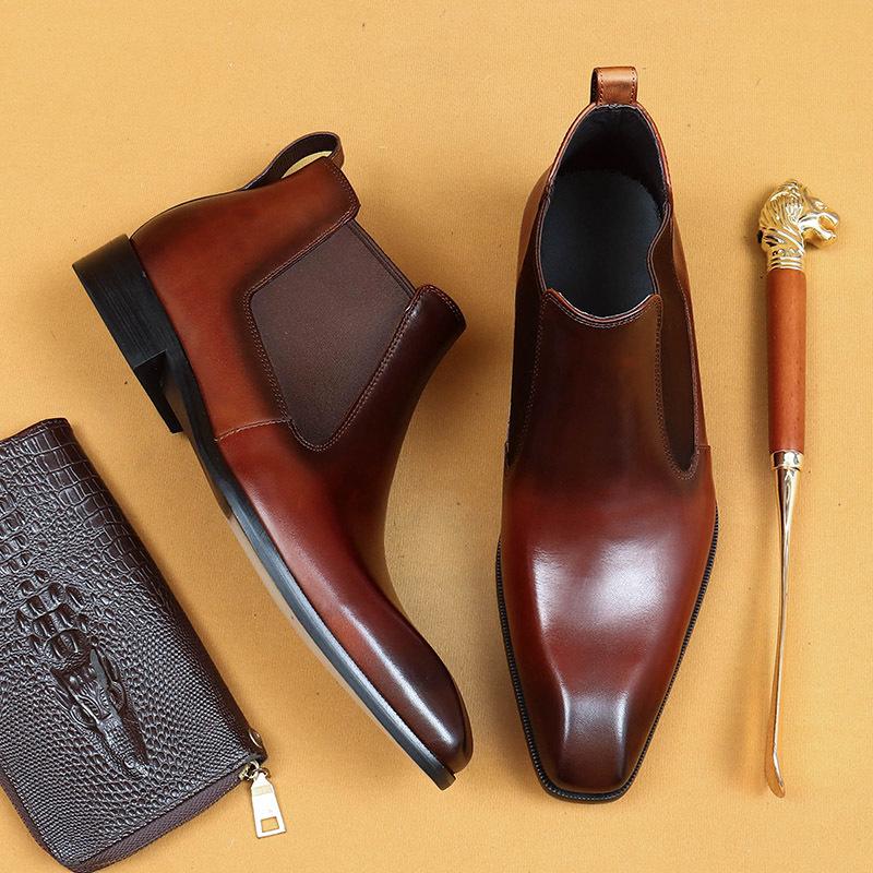 Chelsea Boots Men'S Short Boots Genuine Leather British Winter Pointed Business Dress Cowhide Boots
