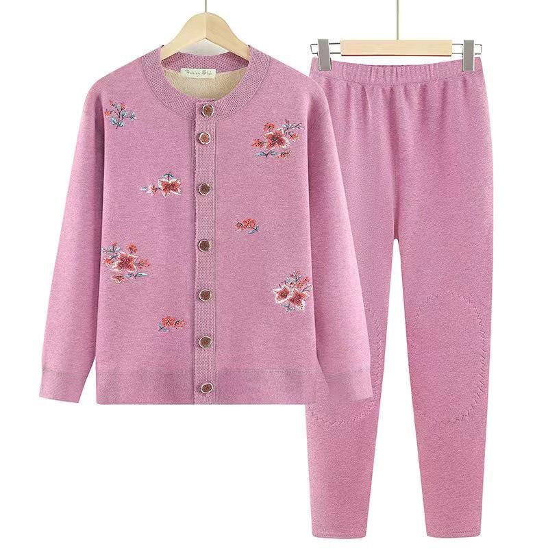 Cardigan Sweater Jacket Velvet Old Lady Autumn Clothes Mother Two-piece Set Elderly Winter Wear Warm Clothes Set