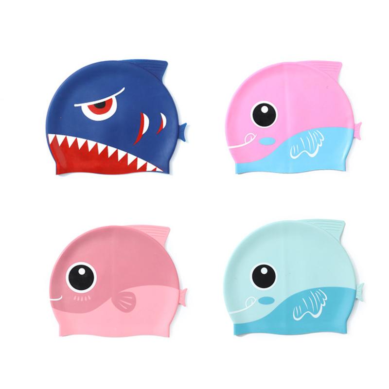 Niedliche Cartoon Fisch Dino Silikon Badekappe für Kinder Ohrenschutz Badehut für Jungen Mädchen Kinder Schwimmbadzubehör