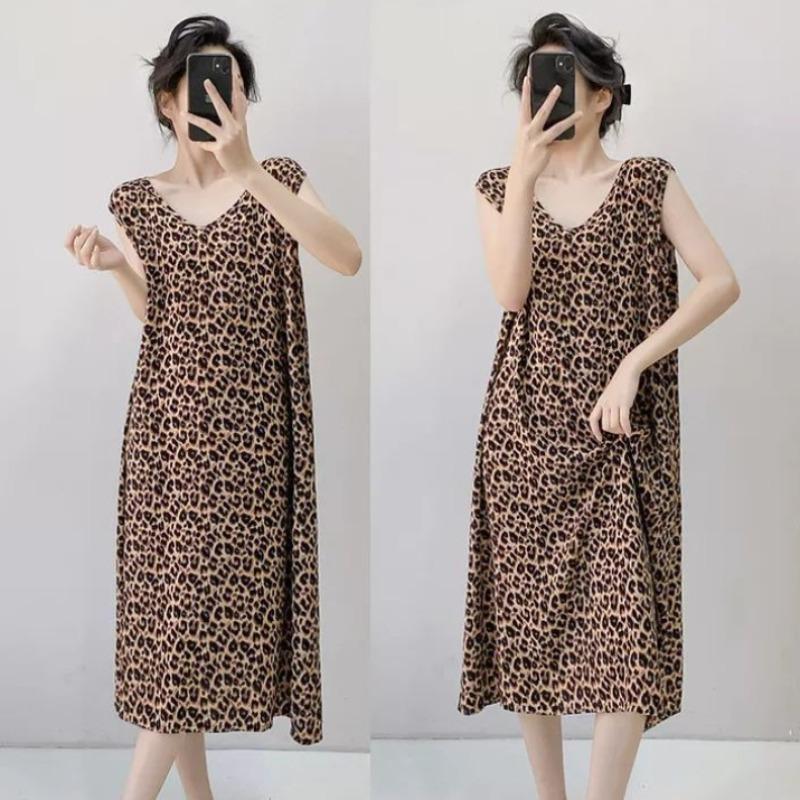 Large Size Loose Long Nightgown Simple Lazy Style Printed Sleeveless Tank Dress Sexy V-Neck V-Back Home Clothes Loungewear