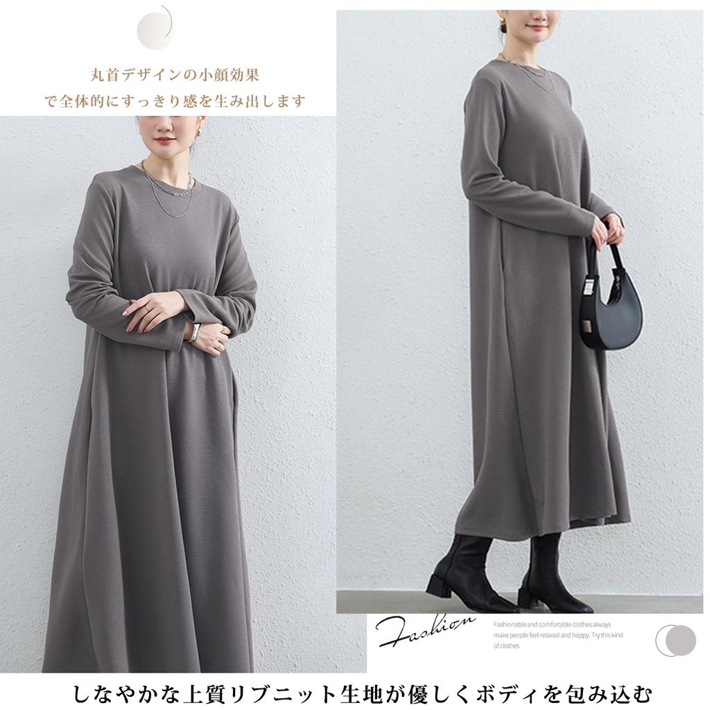 MaadeaNoeTe Long Sleeve Dress with and Round Elegant and Relaxed and Retro Perfect for Going Everyday and and Women's Pockets, A-Line, Neck.