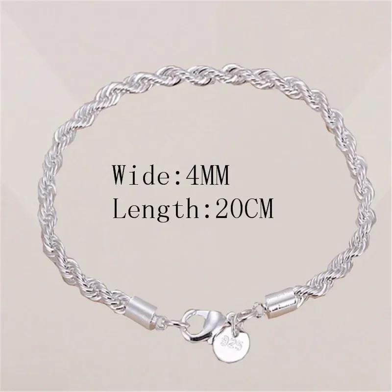 Fashion Charm 925 Silver Bracelet For Men Women Minimalist 4MM Twisted Rope Chain Bracelet Unisex Couple Jewelry Gifts