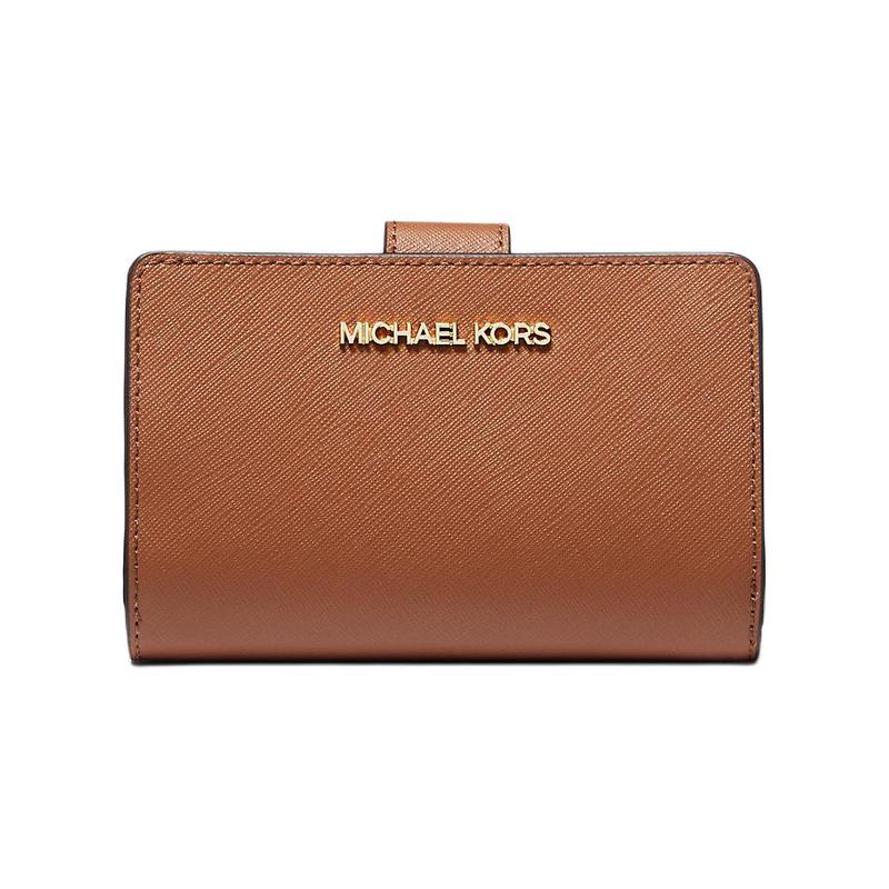 MICHAEL KORS Metal Logo Bifold Design Cross Grain Leather Wallet Medium Women s Dark Brown золотой