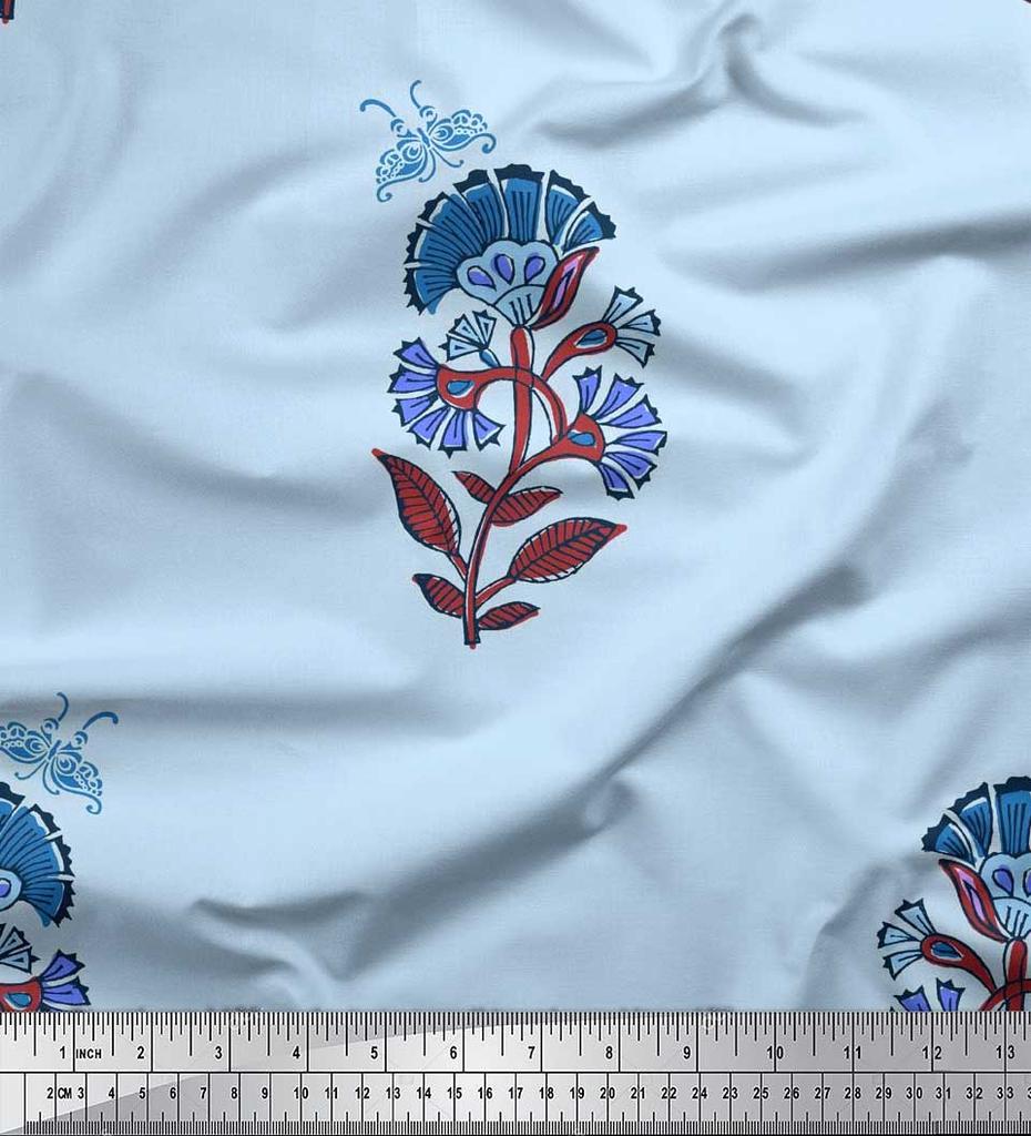 Soimoi Blue Japan Crepe Satin Fabric Insect|Leaves & Floral Block Print Fabric by Yard 42 Inch
