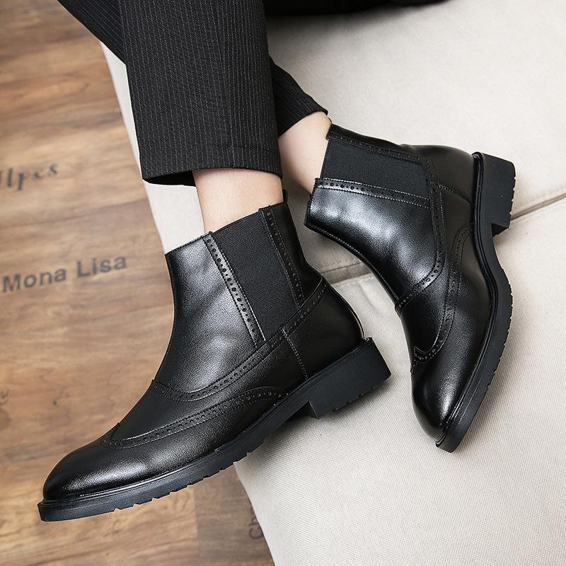 Martin Boots Leather Medium Top Pointed Fleece High Top Leather Shoes Chelsea Boots Black Hairstylist Short Boots