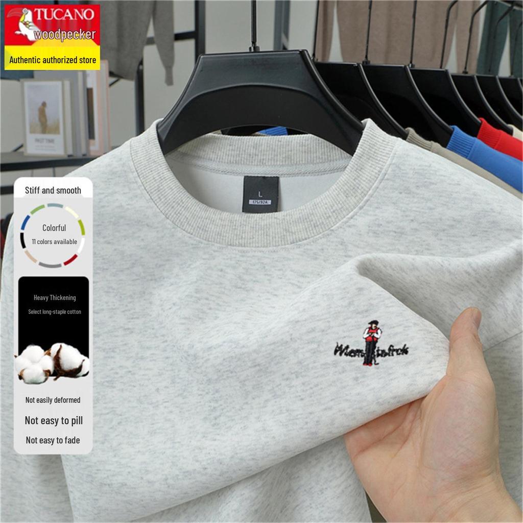 Men's Thickened Velvet Woodpecker Hoodie - Long Sleeve, Round Neck, Solid Color Cotton T-Shirt for Autumn/Winter