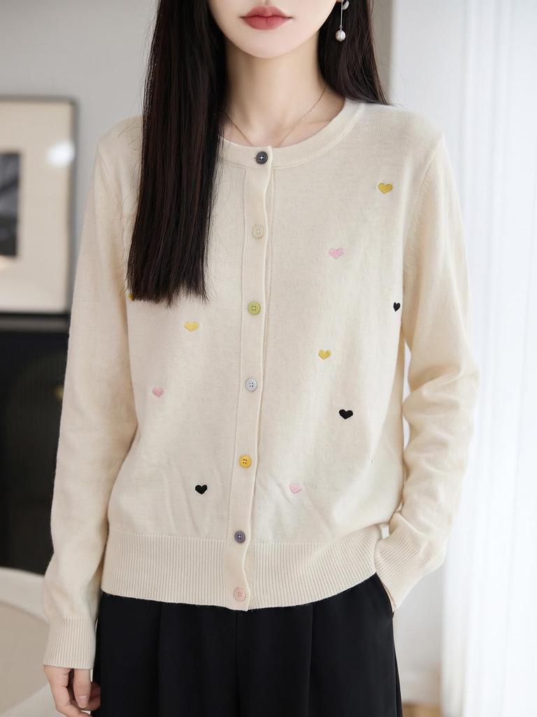 Women's Slimming Heart Embroidery Wool Cardigan - Lightweight, Versatile Round Neck Knit for Spring & Autumn