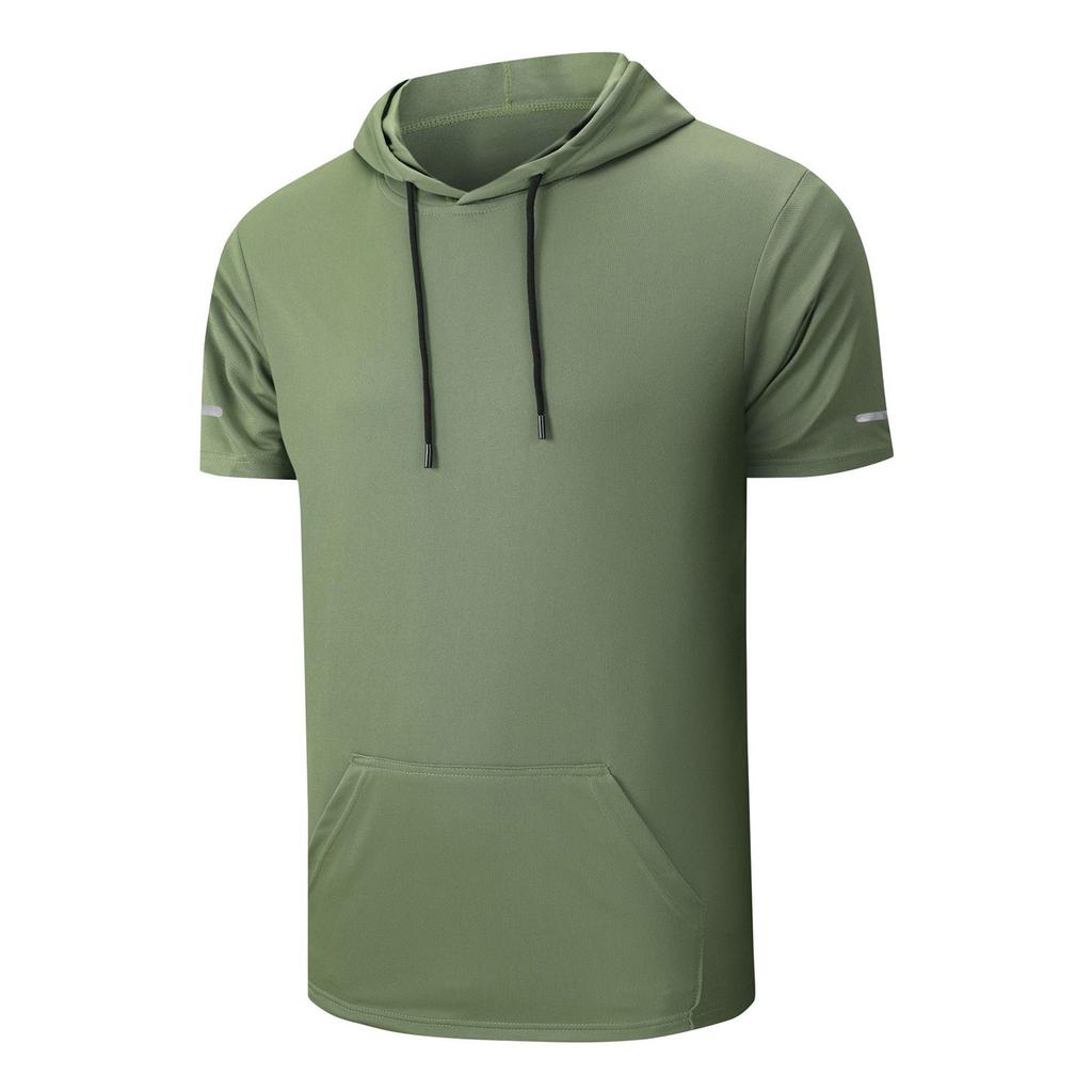 Men Hooded Short Sleeve Pullover with Pocket Lightweight Quick Dry Athletic Top for Casual Sports Outdoor Activities