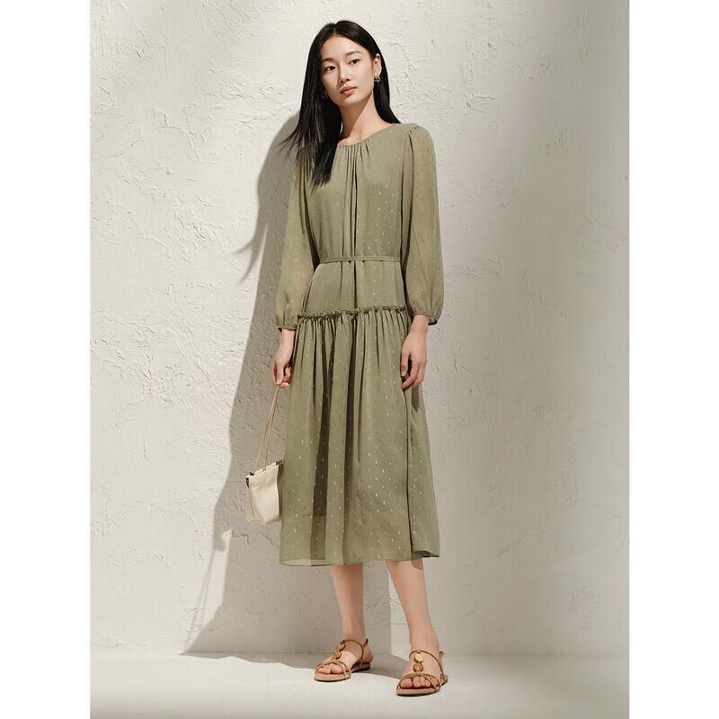 

JiuZi AnnaCo 2025 Spring Jacquard Chiffon Glitter Waist Dress M