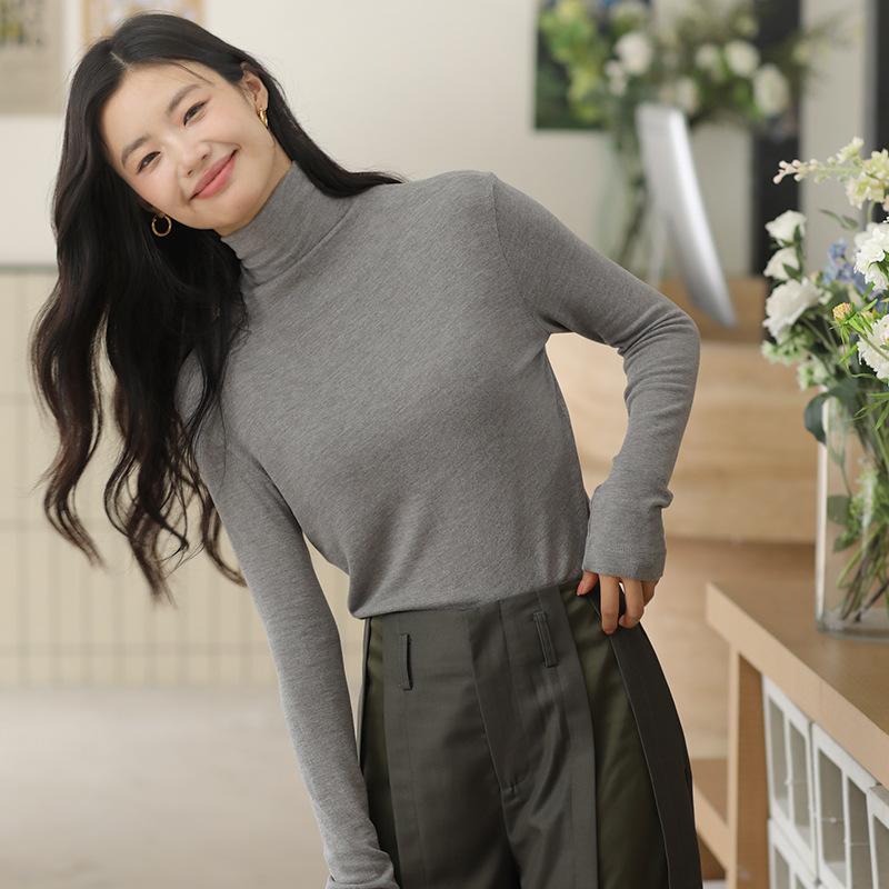 Long Sleeve Female Cold Basic Warm Shirt Bottom Shirt Autumn and Winter Puffed Half High Neck Tops Outer Wearing High Neck Inner Knitting Sweater