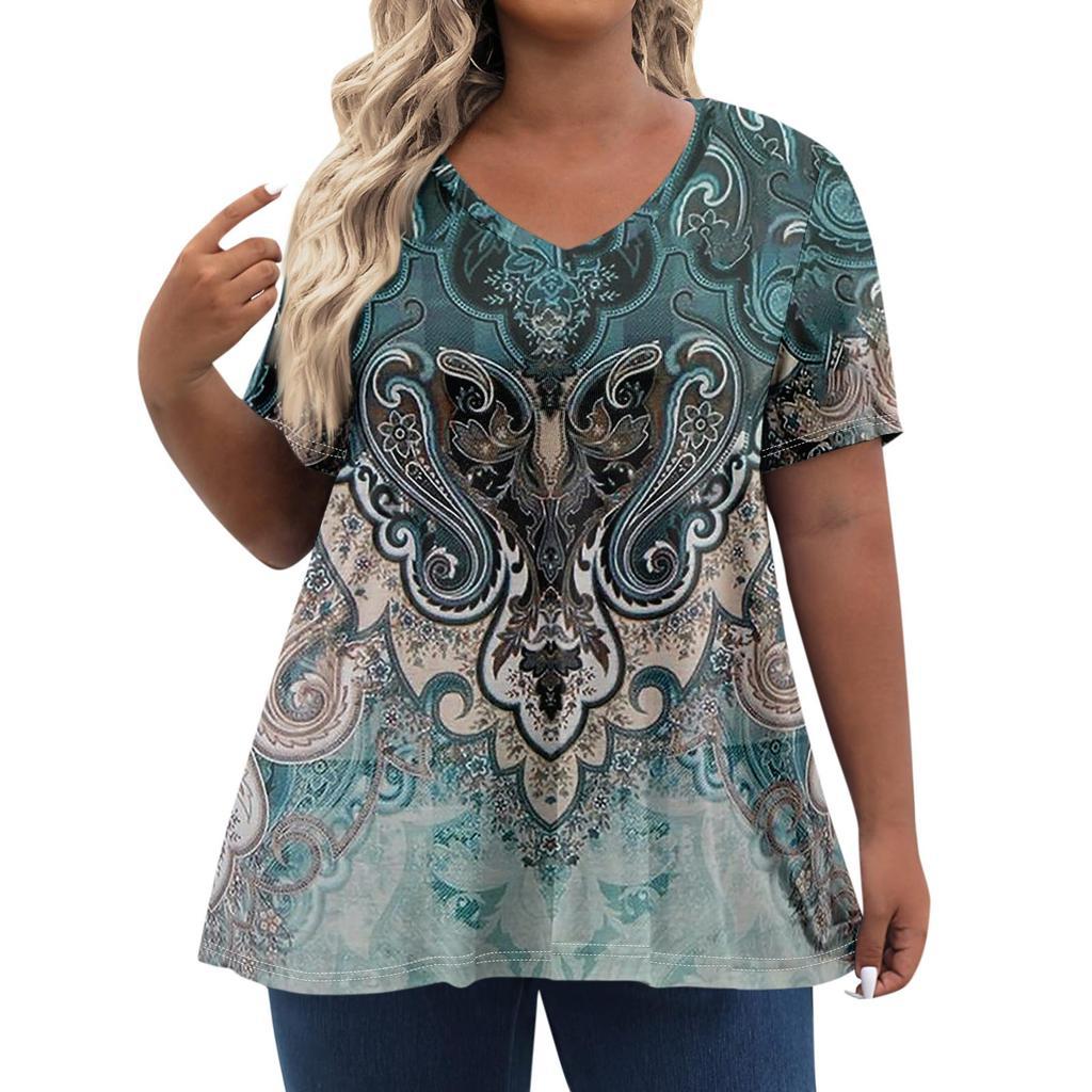American Women's Clothing New Temperament V-neck Large Size Short-sleeved T-shirt Top Independent Day Personalized 3D Printing