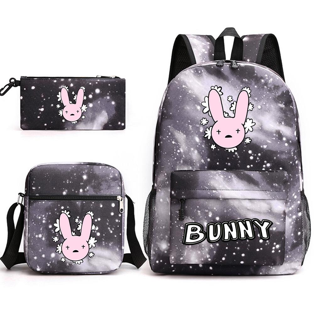 Popular Novelty Cool Bad Bunny Print 3pcs/Set Pupil School Bags Laptop Daypack Backpack Inclined Shoulder Bag Pencil Case