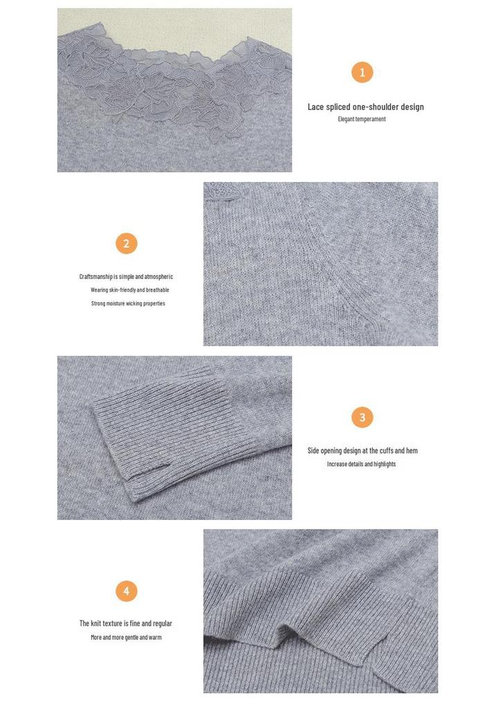 Women's Elegant Knitwear: Lace Patchwork Long Sleeve Cashmere Wool Sweater for Fall/Winter.