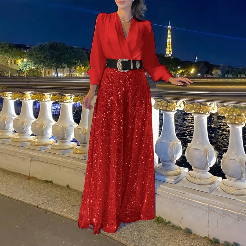 Women's Jumpsuit Fashion V Neck Long Sleeved Shirt Elegant Temperament Slim Waist Sequin Wide Leg Pants Autumn=