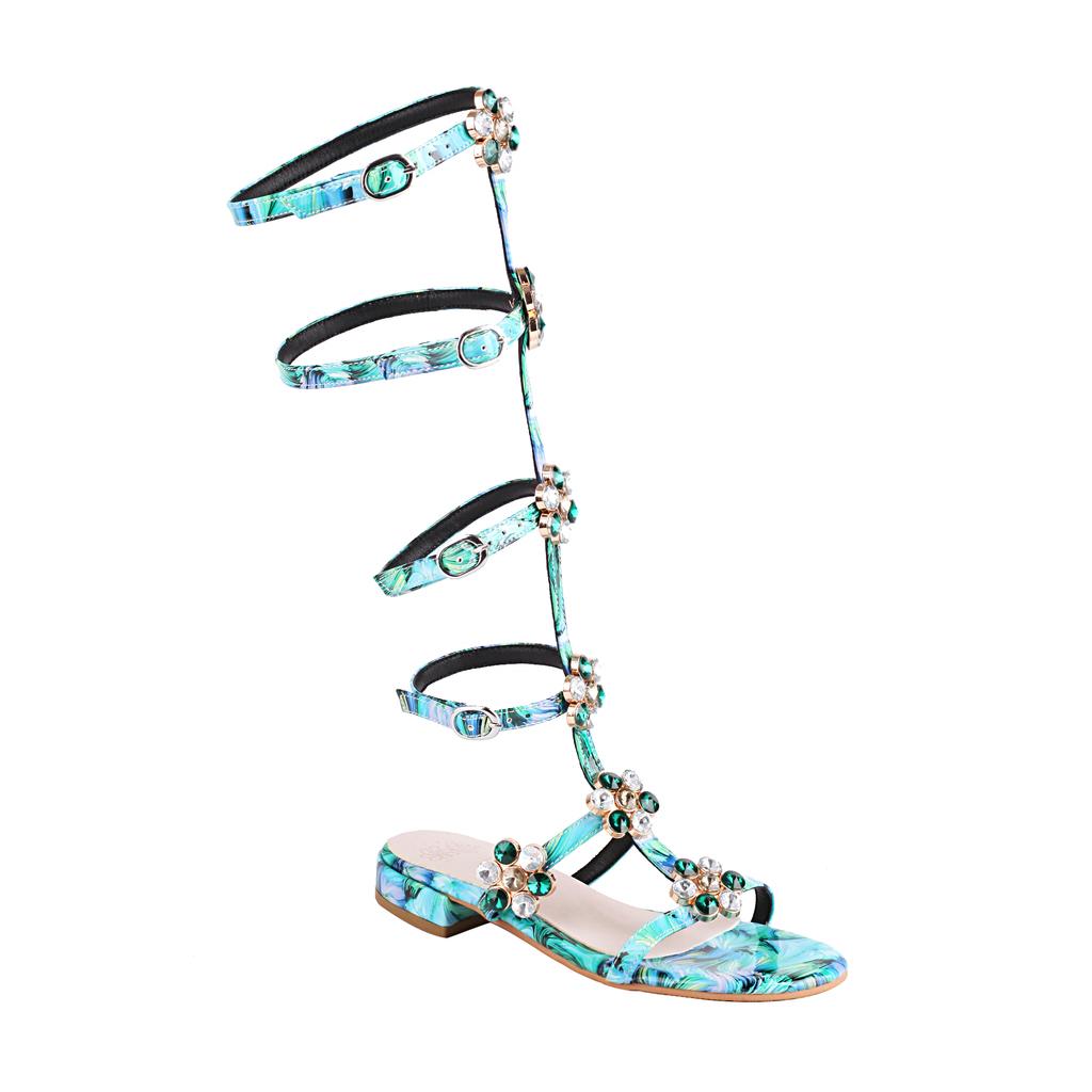 Gladiator Sandals Women 2024 Summer Leather Flats Crystal Beach Dress Shoes Rhinestone Knee High Buckle Strap Boots Plus Size 46