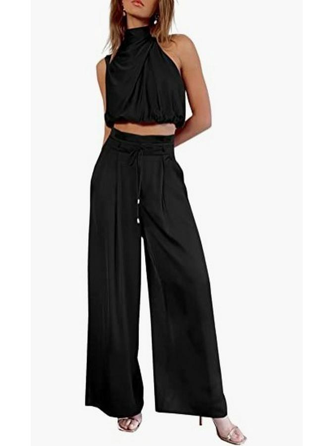 Damen Sommer 2023 Ärmelloses Crop-Top & Weitbeinige Hosen Set