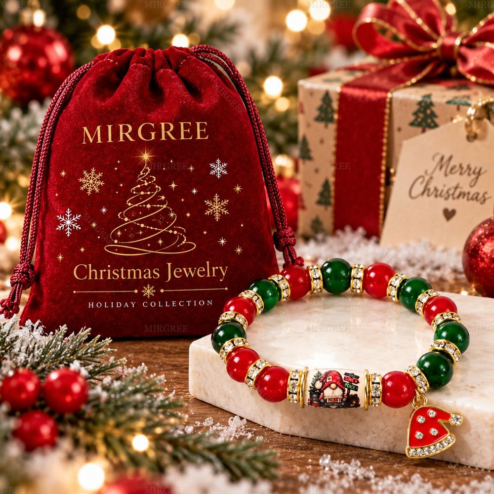 MIRGREE Christmas Gnome Bracelet for Women, Red Green Beaded Bracelet with Santa Hat Charm, Festive Holiday Jewelry, Christmas Gift for Her