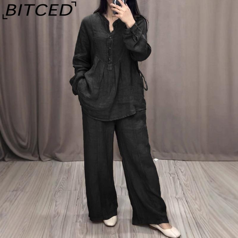 BITCED Autumn Fashion Comfortable Cotton-Linen Blend Long-Sleeve Half-Buttoned Casual Drawstring Wide-Leg Pants Set