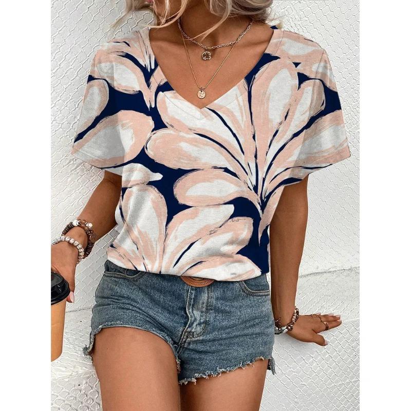 Summer New Product Cool And Comfortable V-neck T-shirt Women's Elegant Flower Print Top Casual Simple Short Sleeved T-shirt