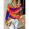 Moda Autunnale Comoda Morbida Scollo a V Manica Lunga T-shirt Creativa Strisce Colorate Ampia Casual Donna Versatile T-shirt Stampata 3D
