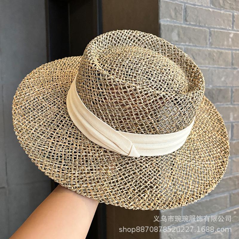 New Salty Grass Hat Women's Summer Outing Visor Hand-woven Hollow French Flat Top Hat