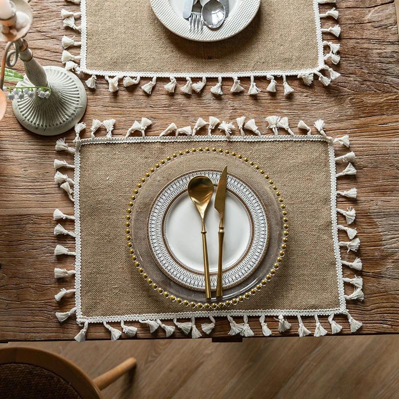 4pc 30X45cm Placemats Rectangle Boho Natural Jute Tassel Table Mats for Kitchen Vintage Dining Rustic Farmhouse Table Decoration
