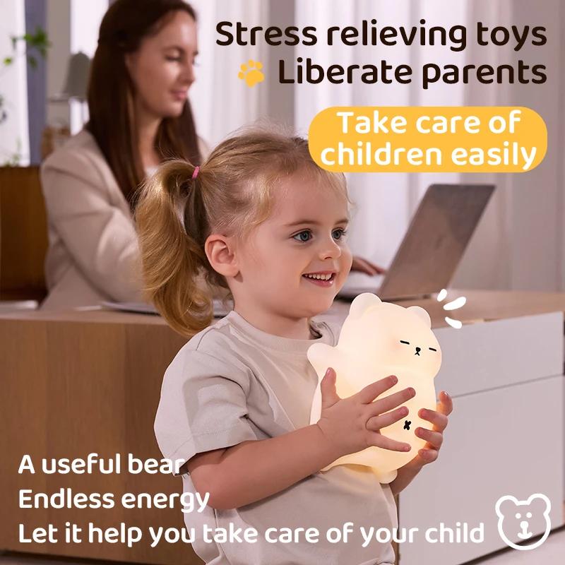 Cute LED Night Light Bear Silicone Snoring Sleeping Nightlights USB Rechargeable For Bedroom Decoration Kids Birthday Gift