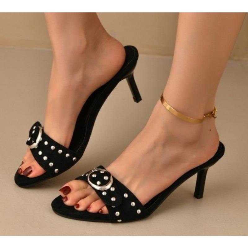 

Модные черные панк мюли с острым носком и высоким каблуком, шлепанцы, женская модная обувь, декор с пряжкой, тонкий каблук, сандалии, женская обувь для вечеринок из искусственной кожи, слипоны 42 чёрный