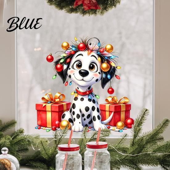 DIY Christmas Window Ornaments Spotted Puppy/Penguin Static Sticker Cute Watercolor Animal Glass Stickers with Colorful Lights & Gift Boxes Puppy or
