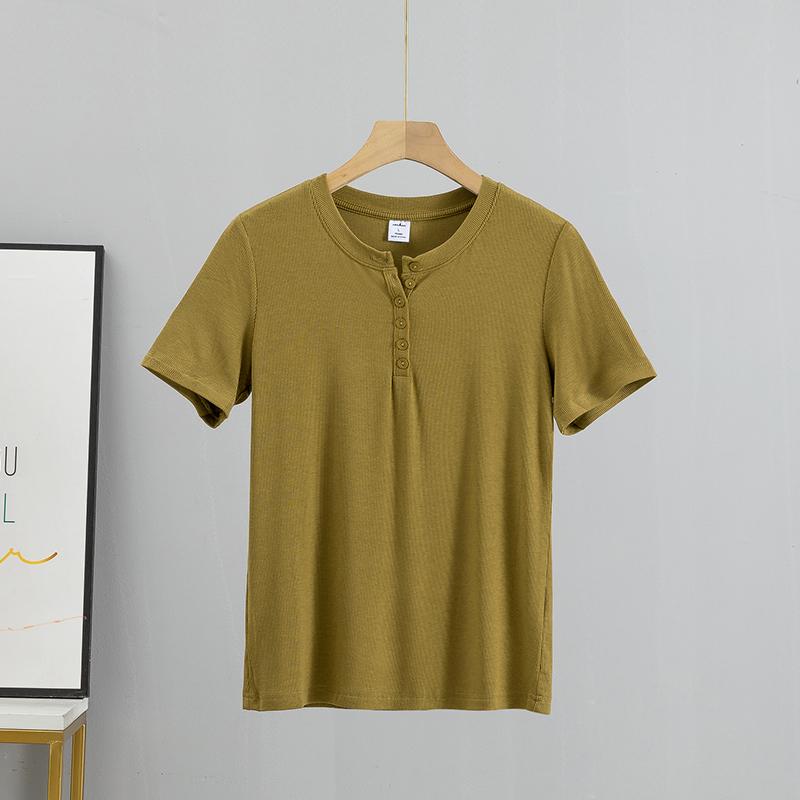 Sommer-T-Shirt für Damen aus Baumwolle, modische Qualität, S-3XL, mit Knöpfen, lässiges T-Shirt mit kurzen Ärmeln, gemütliches, atmungsaktives Oberteil