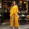 Weicher Stoff Damen Anzug Sommer 2-teilige Sets, Langarm Rundhalsausschnitt Unregelmäßiger Saum Alltags Lässiges Oberteil Und Weite Hosen, Blumenmuster Locker Outfits