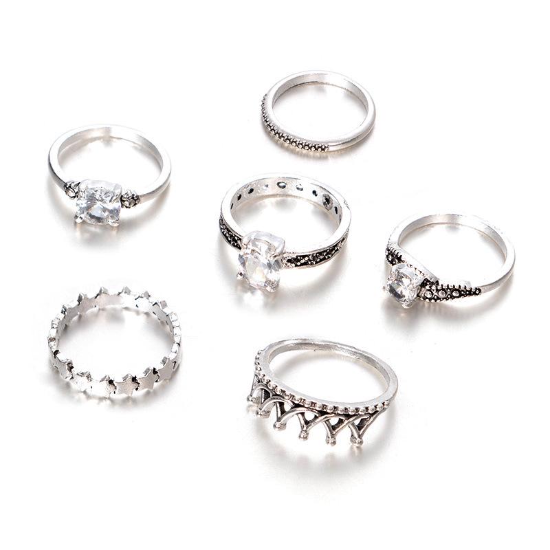 Alloy Ancient Silver Clip Zircon Crown Joint Ring Combination Six-Piece Ring Set
