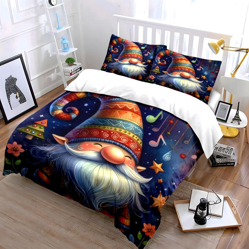 Colorful Christmas Gnome Print Bedding Duvet Cover Set (1*Duvet Cover 2*Pillowcases, without duvet insert)