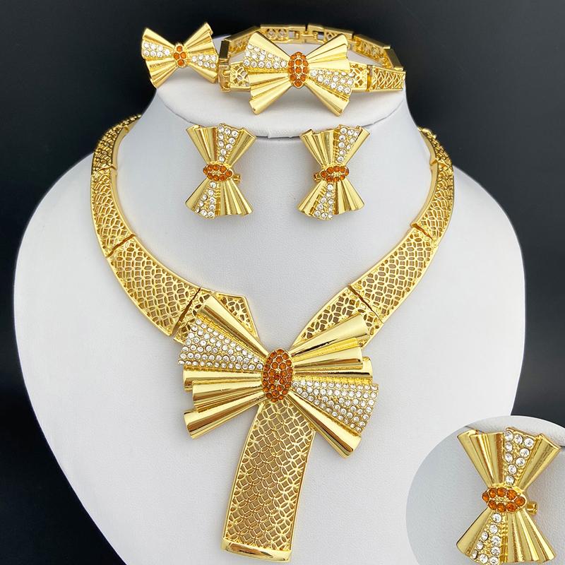 Italy 18k Gold Plated Women Zircon Set Classic Design Bowknot Necklace Earring Bracelet And Ring 4PCS Set Zircon Wedding Party