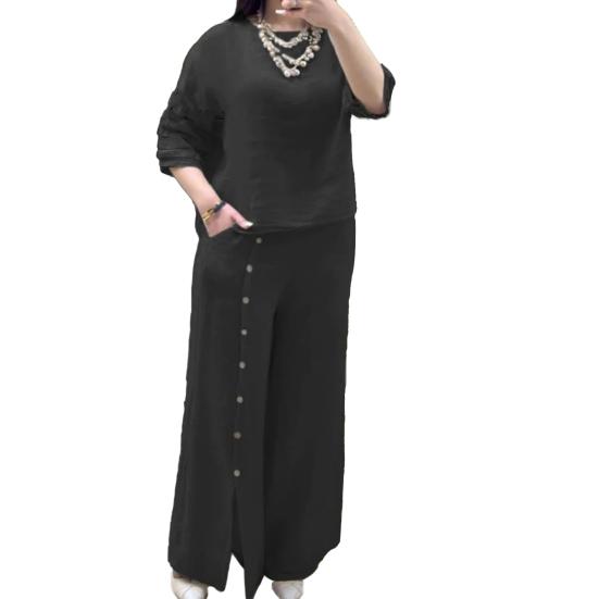 Women's Loose Cotton Linen 2-Piece Outfit Short Sleeve Top And Split Wide Leg Pants Set Summer Casual Lounge Set