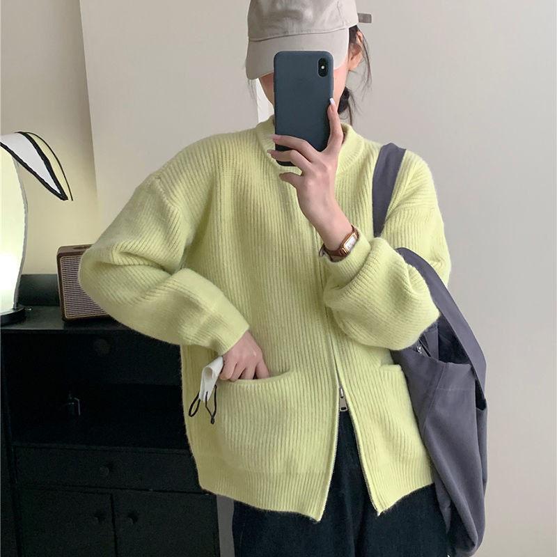 

Корейская версия, однотонный свитер, кардиган, женский карман, вязаная куртка на молнии, весенне-осенний свитер с круглым вырезом и свитер-кардиган One Size лимонно-желтый