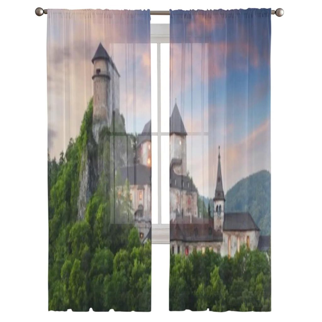 Castel Frumos la Apus de Soare Perdele Transparente Pentru Dormitor Living Perdele Tulle Pentru Fereastra Bucătăriei Perdele Voile