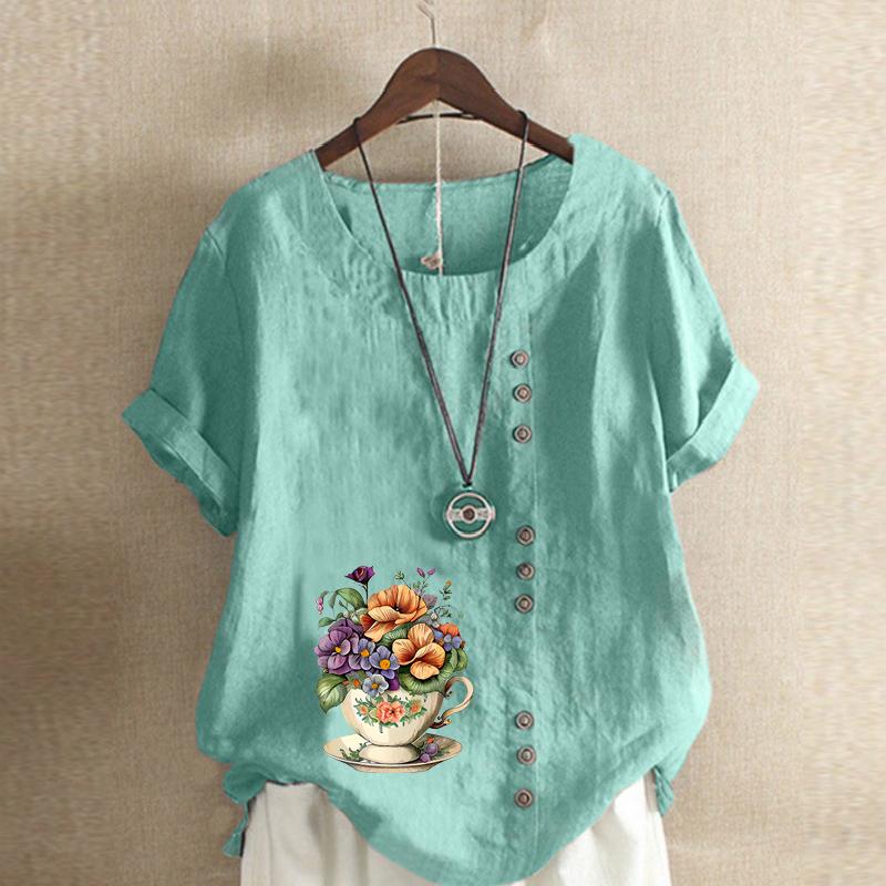 Women's Fashion Flower Prined Short Sleeve T-shirt Loose Cotton Shirt Casual Loose Summer Blouse Tops Plus Size