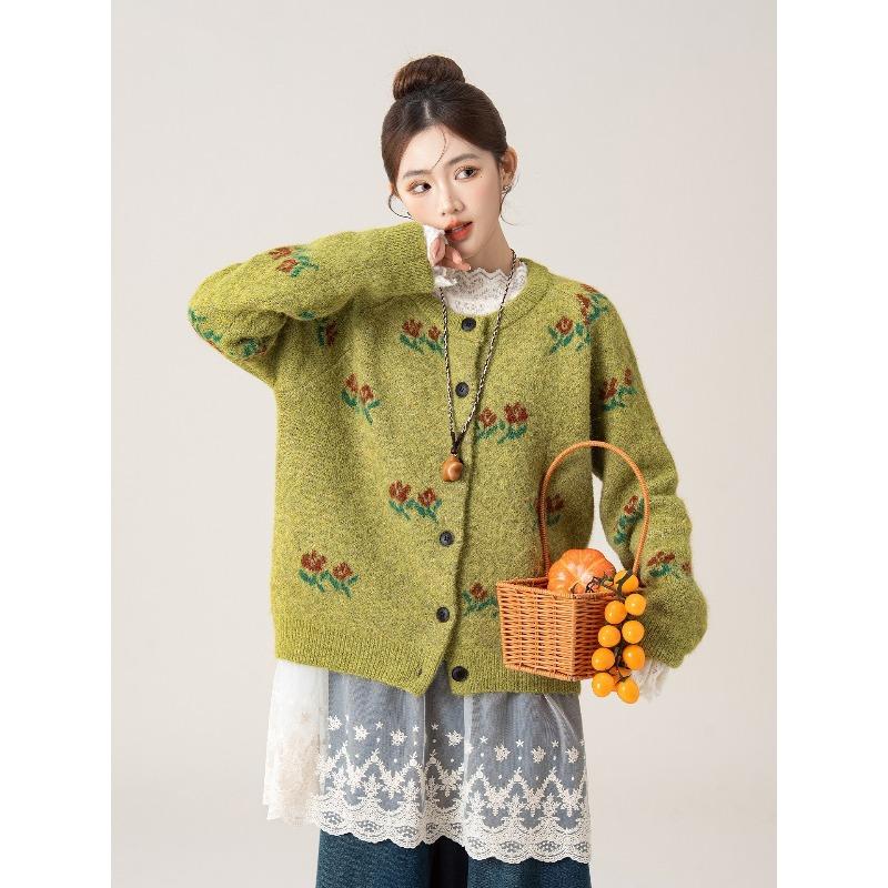 Vintage Green Flower Crew Neck Sweater Jacket Women's Autumn and Winter Loose Soft Waxy Knitted Cardigan Top