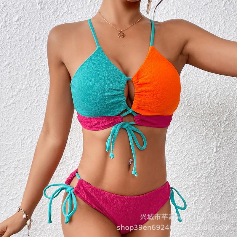 Split Swimsuit Women's Contrasting Color Sexy Cross-band Hollow Bikini