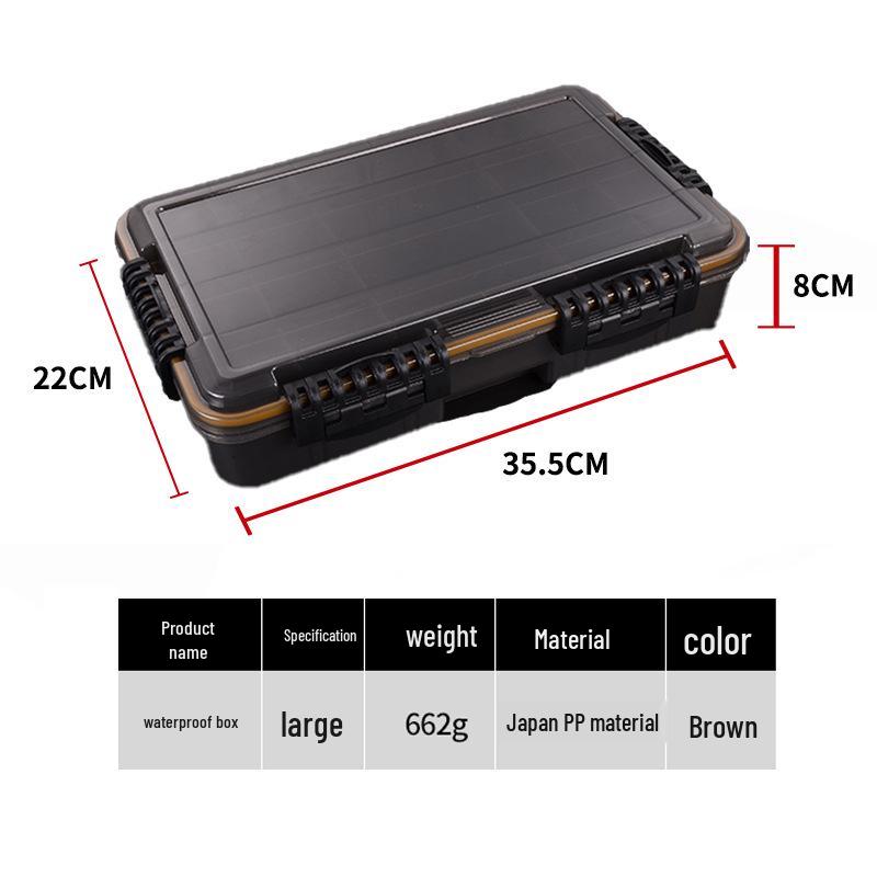 Wasserdichte Köderaufbewahrungsbox mit herausnehmbaren Trennwänden und großem Fassungsvermögen, gesichert mit Kombinationsschnallen für Angelzubehör.