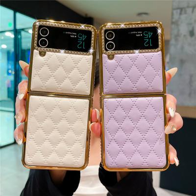 Luxury Gold Plating Diamond Leather Case For Samsung Z Flip 6 Flip 5 Flip 4 3 Shockproof Flip6 Phone Cover Coque